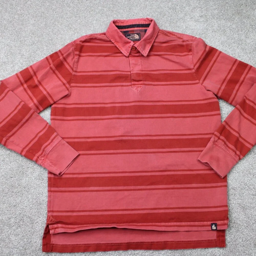 The North Face Polo‎ Shirt Mens Medium Red Striped Cotton Long Sleeve Pullover